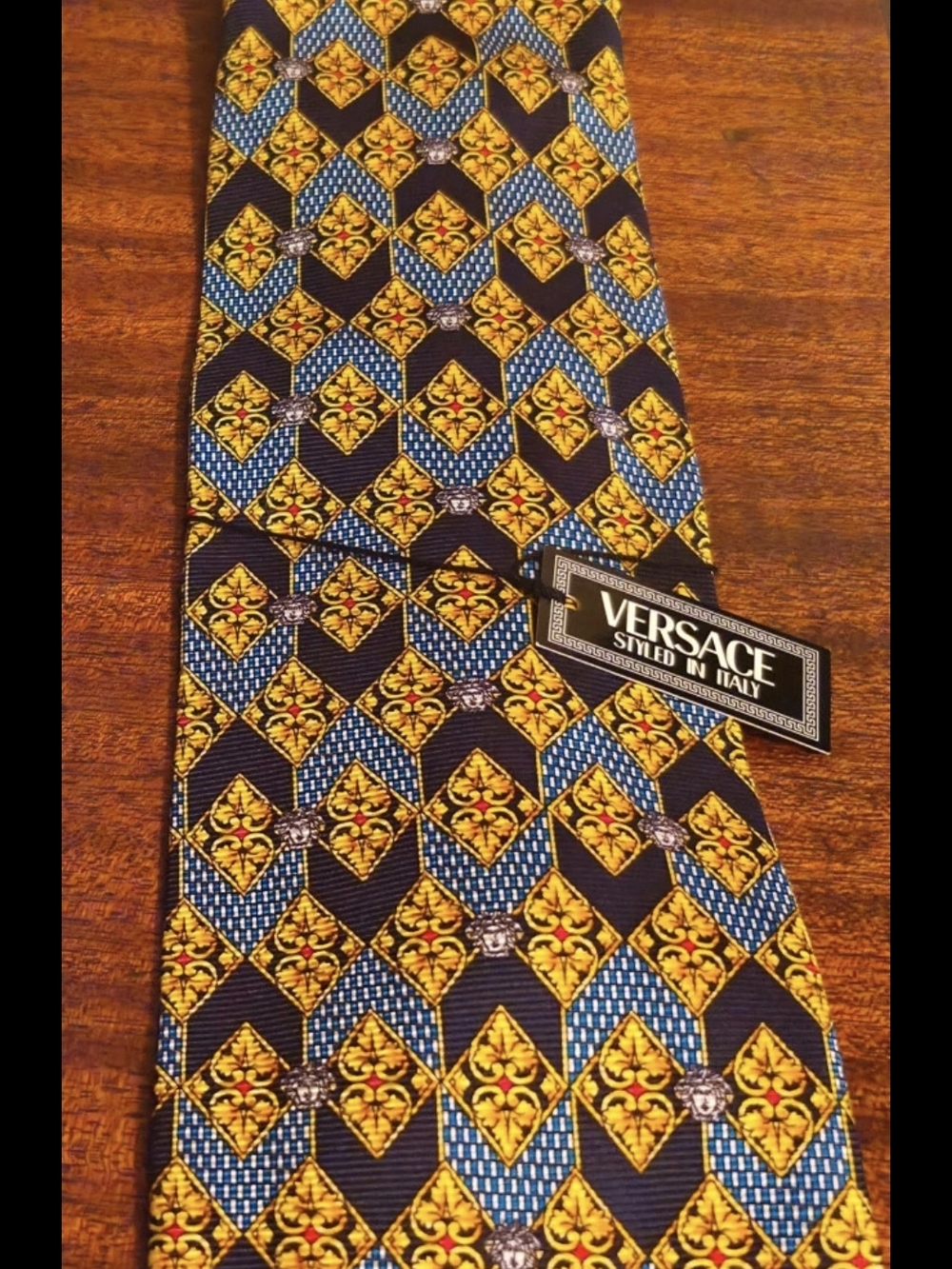 Brand New Versace Black, Blue & Gold Silk Geometric Medallion Tie